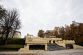 Sataniv, Ukraine - October 23, 2022: Rest sanatorium palace with large stairs in autumn forest