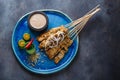 Satay ayam or malaysian meat skewers with peanut saucem copyspace