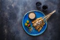 Sate or satay ayam - chicken skewers with peanut sauce, place for wording