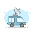 News van with antenna. Broadcasting vehicle. Flat style. Isolated. Outline.