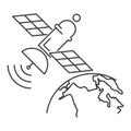 Artificial manmade satellite orbits earth. Concept of networking and communication of information.