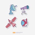 Satellite antenna, space telescope, Satellite Spaceship, Astronaut Helmet Doodle Sticker Icon Set. Space Adventure and Cosmos