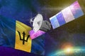 Space communications technology concept - satellite with Barbados flag, 3D Illustration