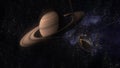 Satellite Cassini is approaching Saturn. Cassini Huygens is an unmanned spacecraft sent to the planet Saturn. CG animation.