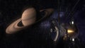 Satellite Cassini is approaching Saturn. Cassini Huygens is an unmanned spacecraft sent to the planet Saturn. CG animation.