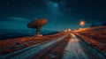 Satellite dish array starry night sky illuminating cosmic communication tranquil landscape Royalty Free Stock Photo