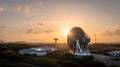 A satellite dish at Goonhilly Satellite Earth Station pointing skywards at sunset Royalty Free Stock Photo