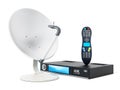 Satellite dish, 4K ultra HD receiver, remote controller. 3D illustration Royalty Free Stock Photo