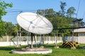 Satellite dish radar antenna station in field. parabolic antennas. Big parabolic antenna against sky. Satellite dish at earth stat Royalty Free Stock Photo