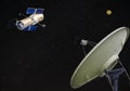 Satellite dish receiver and satellite model in space with many shining star star background  concept idea technology Royalty Free Stock Photo