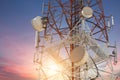 Satellite dish telecom tower at sunset