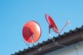 Satellite dish transmission data on background blue sky Royalty Free Stock Photo