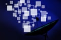 Satellite dish transmission data on blue background Royalty Free Stock Photo