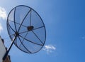 Satellite Dish Transmission Data On Bright Blue Sky Background. Royalty Free Stock Photo