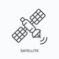Satellite flat line icon. Vector outline illustration of navigation transponder. Black thin linear pictogram for