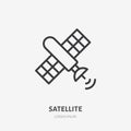 Satellite flat line icon. Vector outline illustration of telecommunication equipment. Black color thin linear sign for