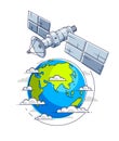 Satellite flying orbital flight around earth, communication technology spacecraft space station with solar panels and satellite