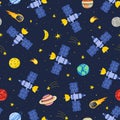 Satellite flying in space seamless pattern. Cosmic background