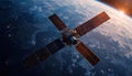 Satellite, hovering above the earth with view of sunrise Royalty Free Stock Photo