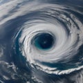 A satellite image of a hurricane swirling in the ocean, with a well-defined eye at its center1
