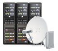 Satellite Internet access concept. Computer server racks with communication satellite dish and satellite modem, 3D rendering