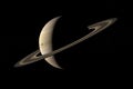 Satellite Janus orbiting around Saturn planet in the outer space. 3d render