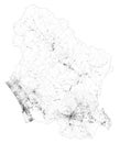 Satellite map of province of Lucca, towns and roads, buildings and connecting roads of surrounding areas. Tuscany, Italy.