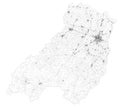 Satellite map of Province of Parma, towns and roads, buildings and connecting roads. Emilia-Romagna region, Italy