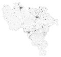 Satellite map of province of Pavia, towns and roads, buildings and connecting roads of surrounding areas. Lombardy, Italy