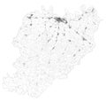 Satellite map of Province of Piacenza towns and roads, buildings and connecting roads. Emilia-Romagna region, Italy.
