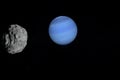 Satellite Nereid orbiting around Neptune planet in the outer space