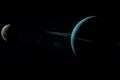 Satellite Oberon orbiting around Uranus planet in the outer space. 3d render