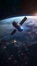 Satellite in orbit blue sunlight reflection on city lights below earth, low angle view Royalty Free Stock Photo