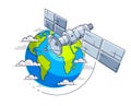 Satellite orbiting around earth, spaceflight, communication spacecraft space station with solar panels and satellite antenna plate