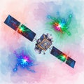 Satellite orbiting Earth with colorful data signals and communication network visualization Royalty Free Stock Photo