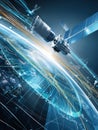 Satellite Orbiting Earth Displays Live Data Overlay Against a Blue Backdrop With Vibrant Light Trails Indicating Royalty Free Stock Photo