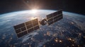 Satellite orbiting Earth transmits data related to GPS and positioning for global navigation systems. Generative AI