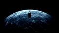 A satellite orbits Earth, partially shadowed against the vast darkness of space