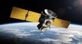 Satellite orbits the Earth providing communications and navigation services with solar panels deployed in space Royalty Free Stock Photo