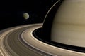 Satellite Rhea orbiting around Saturn planet. 3d render