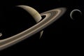 Satellite Rhea orbiting around Saturn planet in the outer space. 3d render