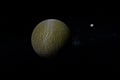 Satellite Rhea orbiting in the space with moon Iapetus. 3d render