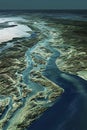 Satellite scan of a river delta rendered in 3D using LiDAR GIS data showing elevation and waterway patterns.
