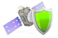 Satellite with shield, 3D rendering Royalty Free Stock Photo