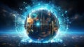 Satellite signal, hologram ai ui technology global social network world. Neural network ai generated