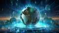 Satellite signal, hologram ai ui technology global social network world. Neural network ai generated
