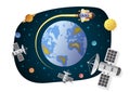 Satellite and spaceship cartoon on earth with space