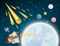 satellite and spaceship cartoon on the moon with space