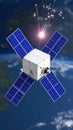 Satellite transmitting data in orbit above planet Earth with solar panels capturing sunlight Royalty Free Stock Photo