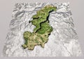 Satellite view of Como province, Lombardia region. Italy. 3d rendering. Physical map, plains, mountains, lakes, mountain range